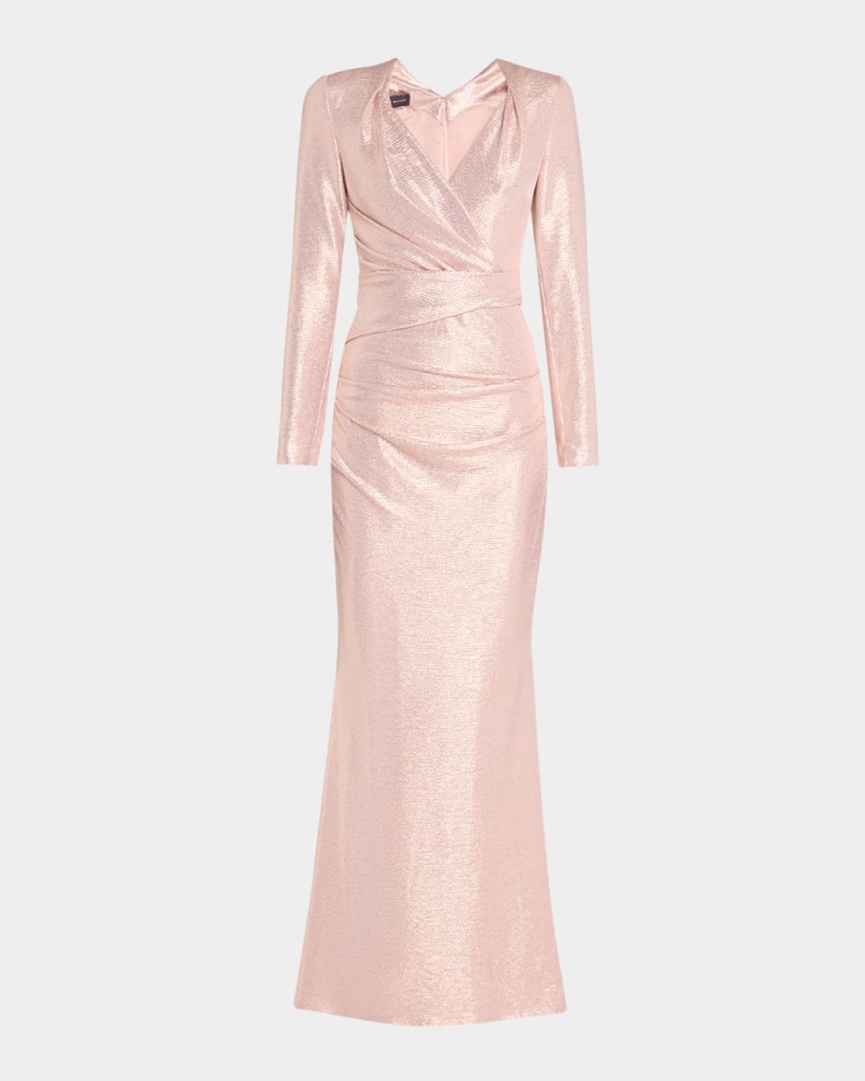 Draped Mirrorball Stretch Long-Sleeve Gown
